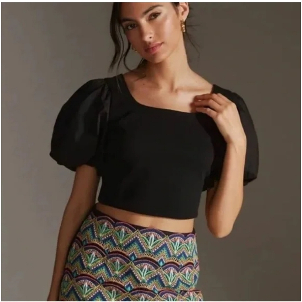 Anthropologie Black Backless Crop Blouse with Puff Sleeves NWT $78